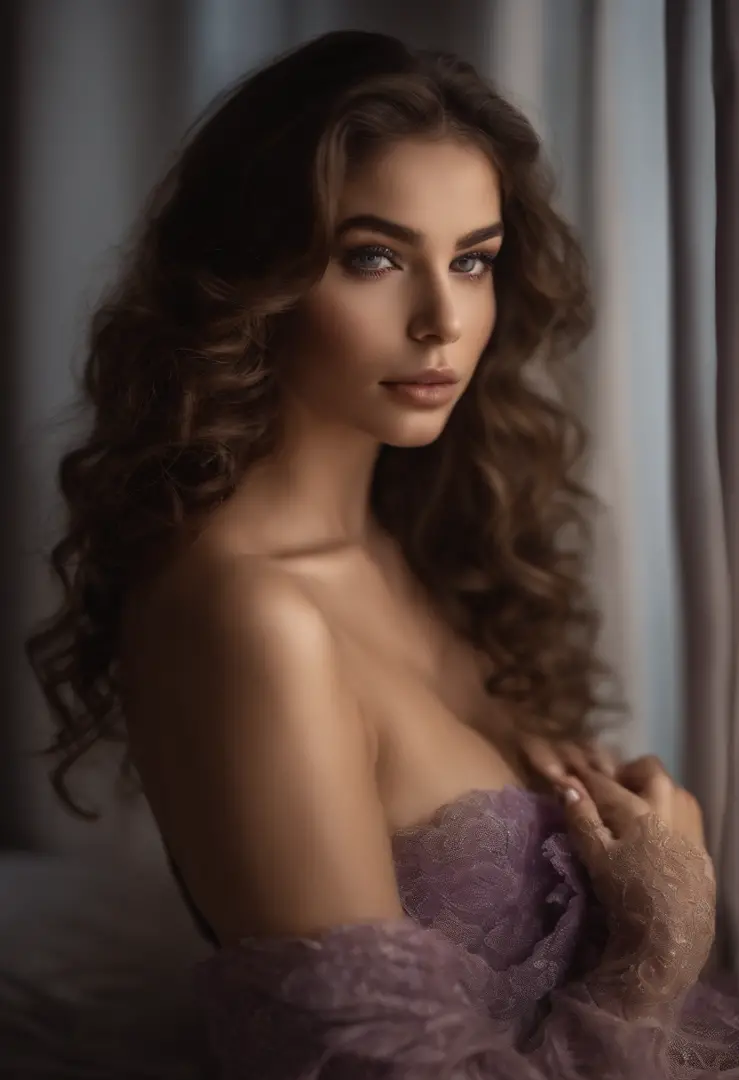 Arafed woman completely , fille sexy aux yeux bleus, ultra realist, Meticulously detailed, Portrait Sophie Mudd, curly brown hair with light highlights and large eyes, latine, Métis, selfie of a young woman, Dubai Eyes, Violet Myers, sans maquillage, maqui...