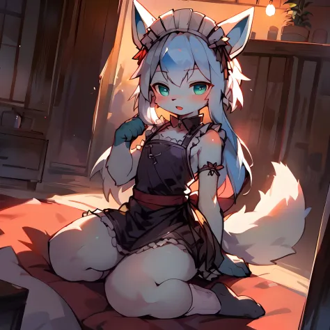 Masterpiece, high quality portrait, 16k, Furry,solo person，(Glaceon，White knee-length socks：1.2)，Maid dress，Fox, cub, bit girl,skin_Fang, Double reference, warm lights,Japanese-style kneeling sitting，onbed,Bedrooms, Full shot,author：Sumi Kuroi, Yupa,Kiyosa...
