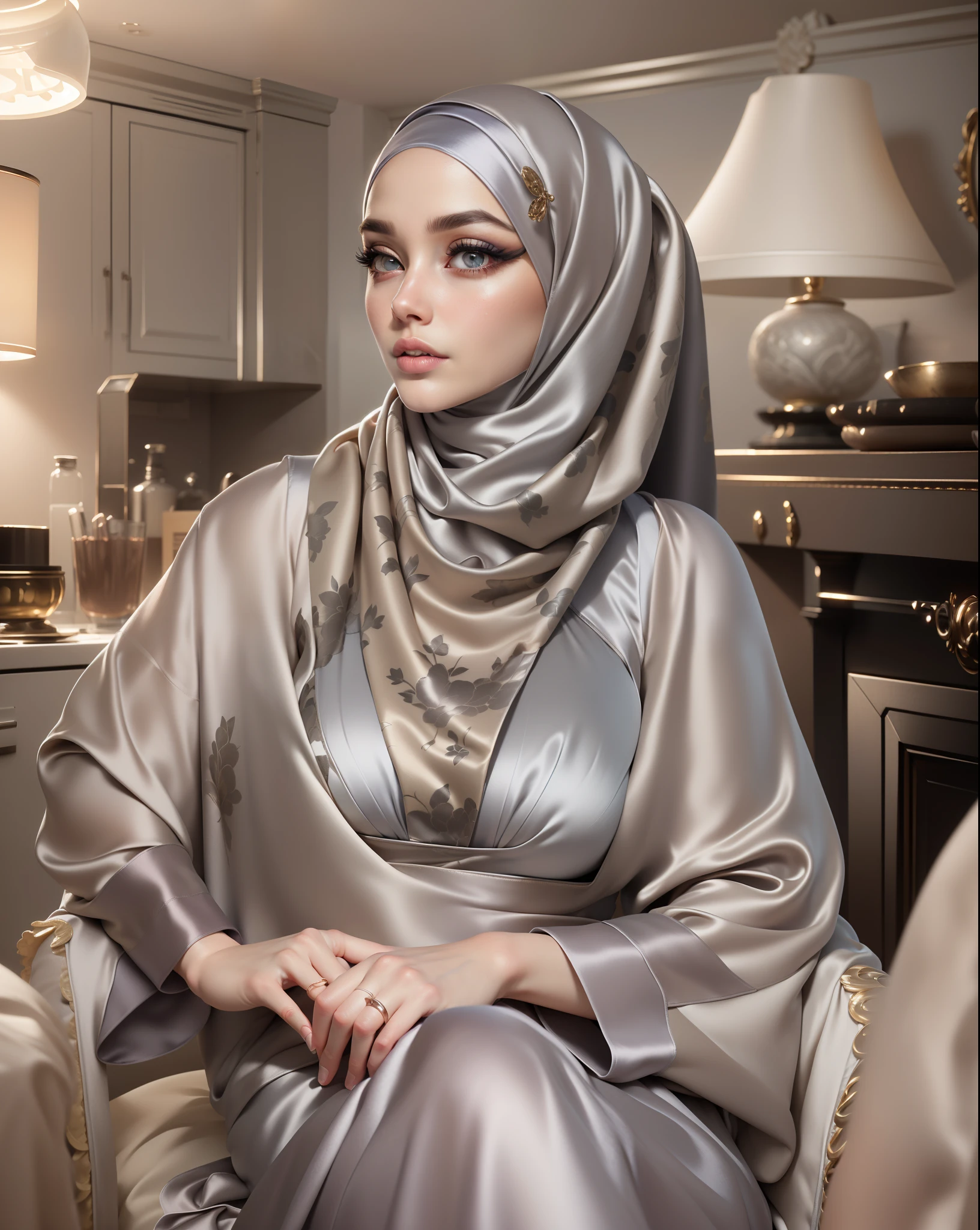 3DMM, ((Masterpiece, best quality, photography, detailed skin, realistic, photo-realistic, 8k, highly detailed, full length frame, High detail RAW color art, diffused soft lighting, shallow depth of field, sharp focus, hyperrealism, cinematic lighting, hijab, a woman in a beautifully makeup, smokey eyeshadow, beautiful big eyes, long eye lashes, wearing (Gray satin hijab), loosely tide hijab style, ((Taupe satin pyjamas)),