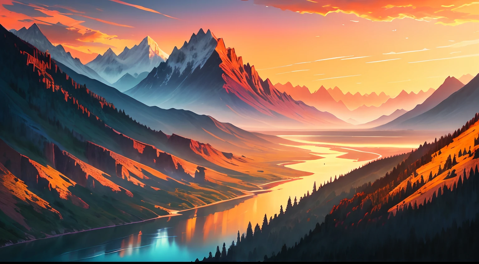 Dusk, river bank, colorful sky, orange sun, mountains, distant mountains, outline, beautiful scenery