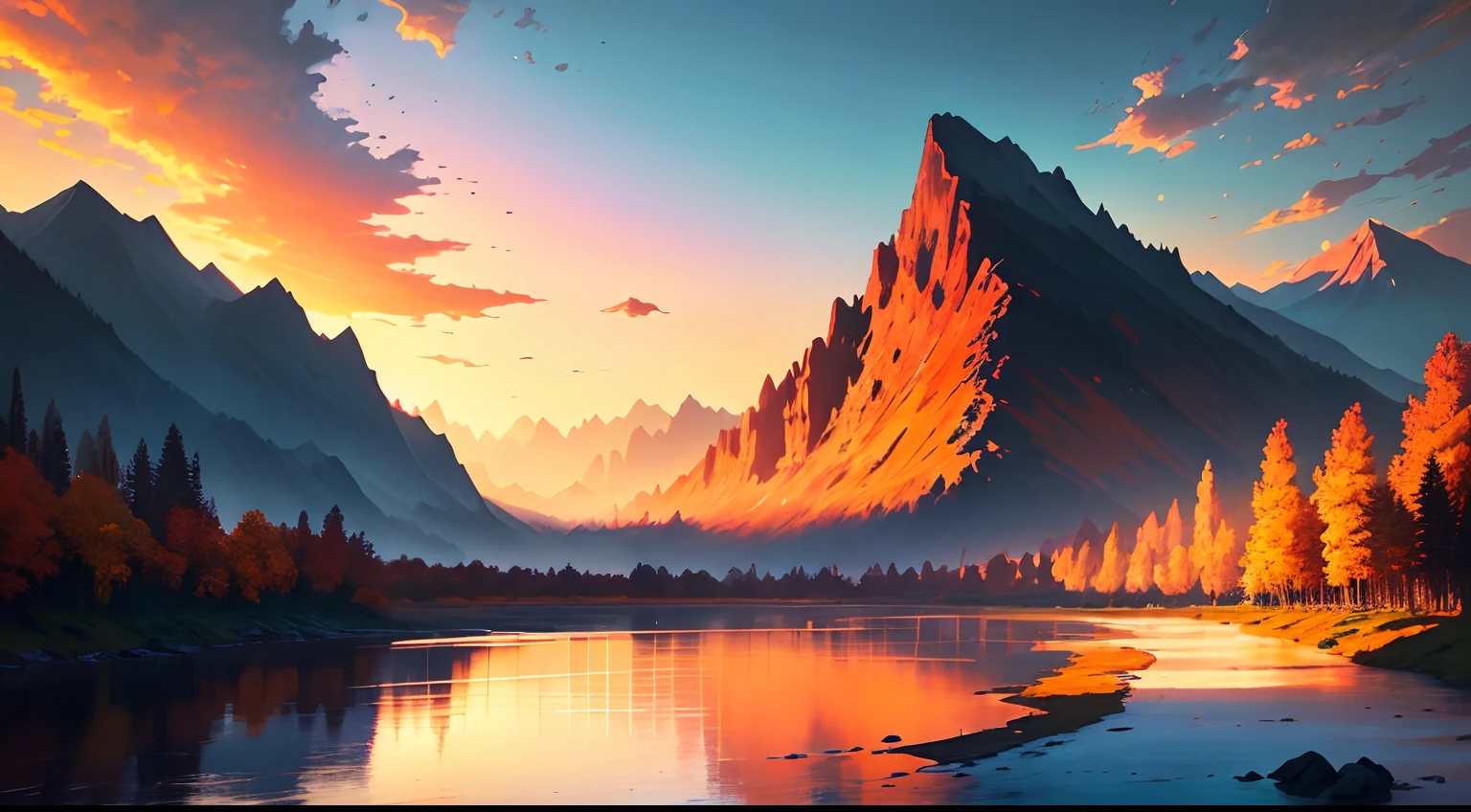 Dusk, river bank, colorful sky, orange sun, mountains, distant mountains, outline, beautiful scenery