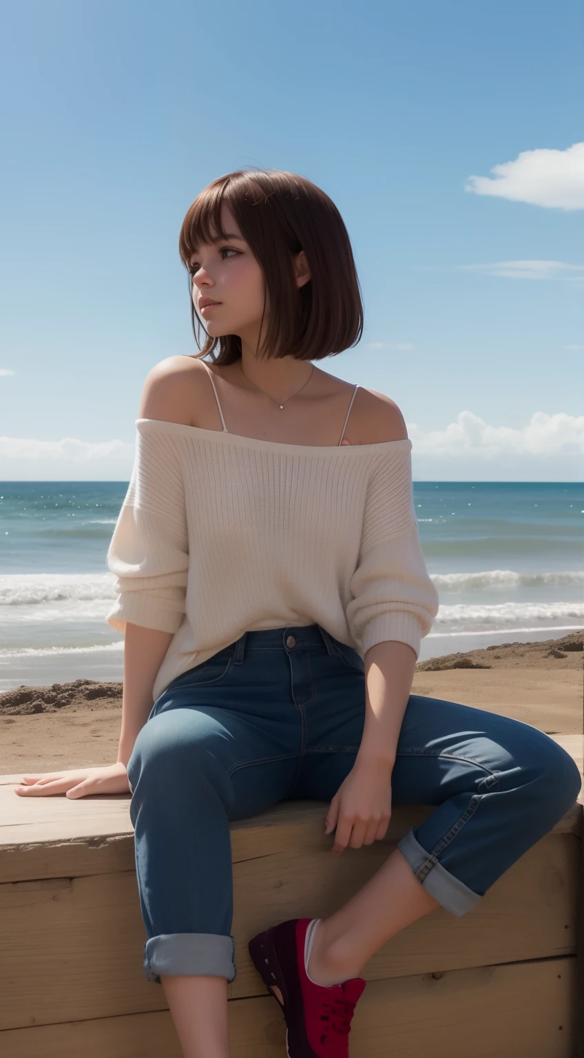 Max Caulfield , pinkes Haar . rote Lippen ,kurzes Haar , ,  , Tiefenschärfe, 
 ,  Mono , Jens Hose ,
 den Betrachter anschauen, am Strand