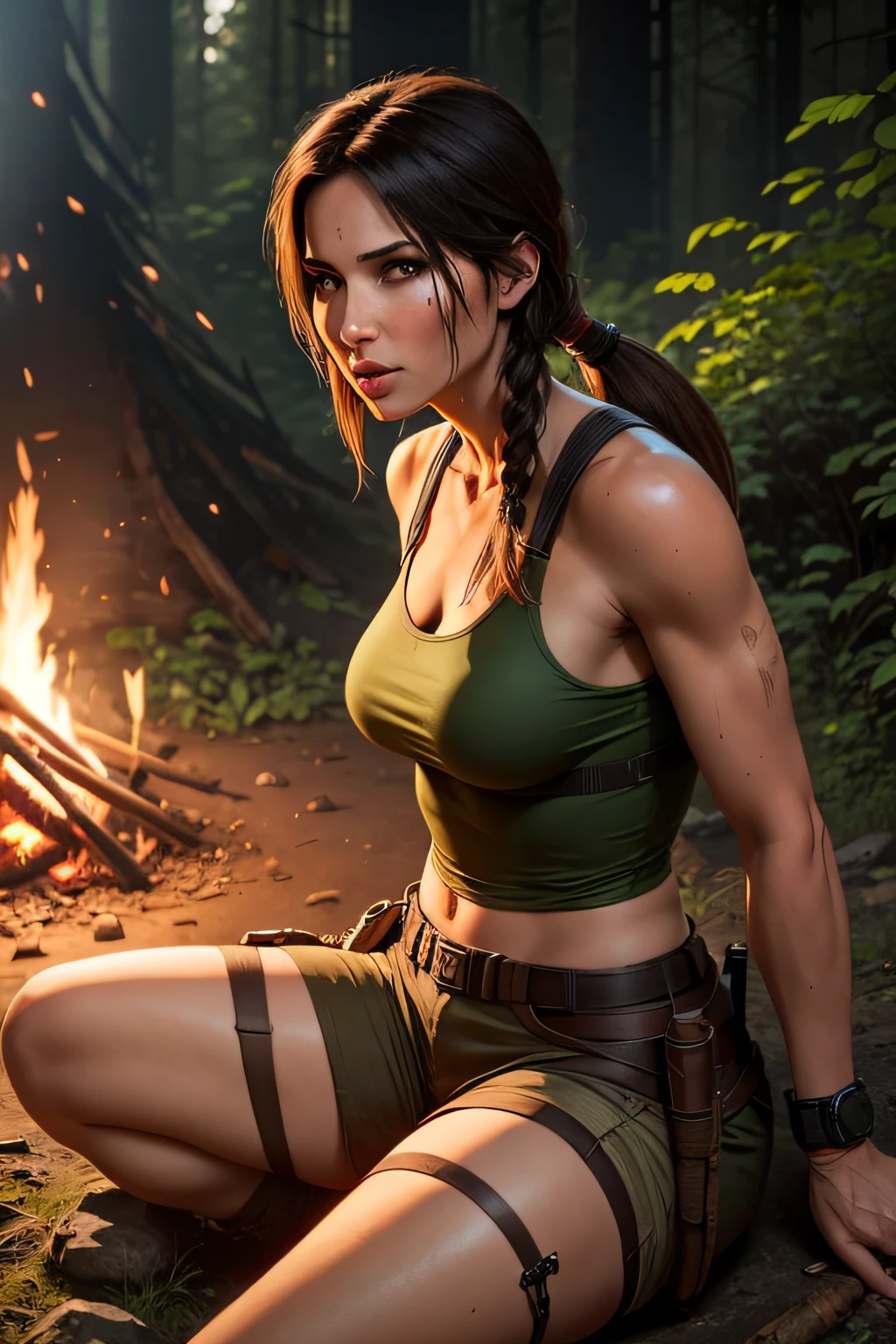 Lara Croft sitting down on the ground at a campfire, in the wilderness