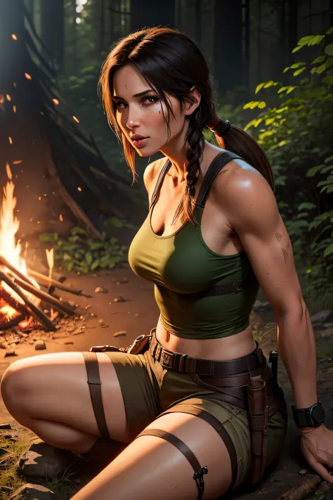 Lara Croft sitting down on the ground at a campfire, in the wilderness
