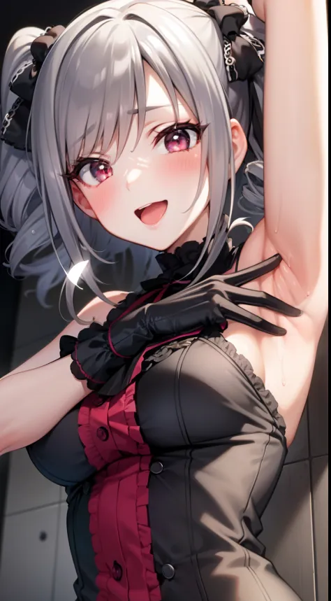 1girl,gray hair,Ranko Kanzaki,evil smile,blush, open mouth,shoulder,Gothic Lolita,black gloves,from below,wet clothes,steam,heart-Shaped Pupils,armpit