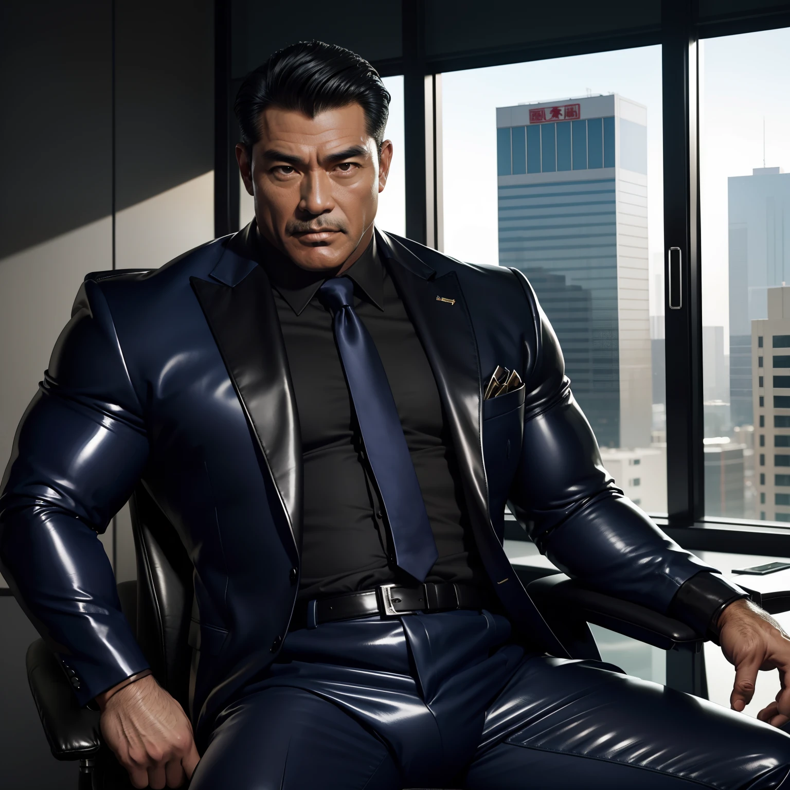 50 years old,daddy,shiny suit ,dad sit down on chair,k hd,in the office,big muscle, gay ,black hair,asia face,masculine,strong man,the boss is,handsome,sex,leather gloves,lecherous dad,look straight ahead,Dad is erection,dad is handsome