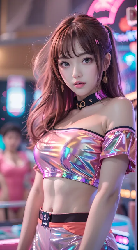 ((masutepiece)), Best Quality, absurderes, ultra-detailliert, Holographic, Cowboy Shot, Dynamic Pose, Golden ratio, Super cute girl, Mature girl, Idol girl, Super beautiful asian girl with very beautiful purple glowing eyes, Beautiful shiny brown multicolo...