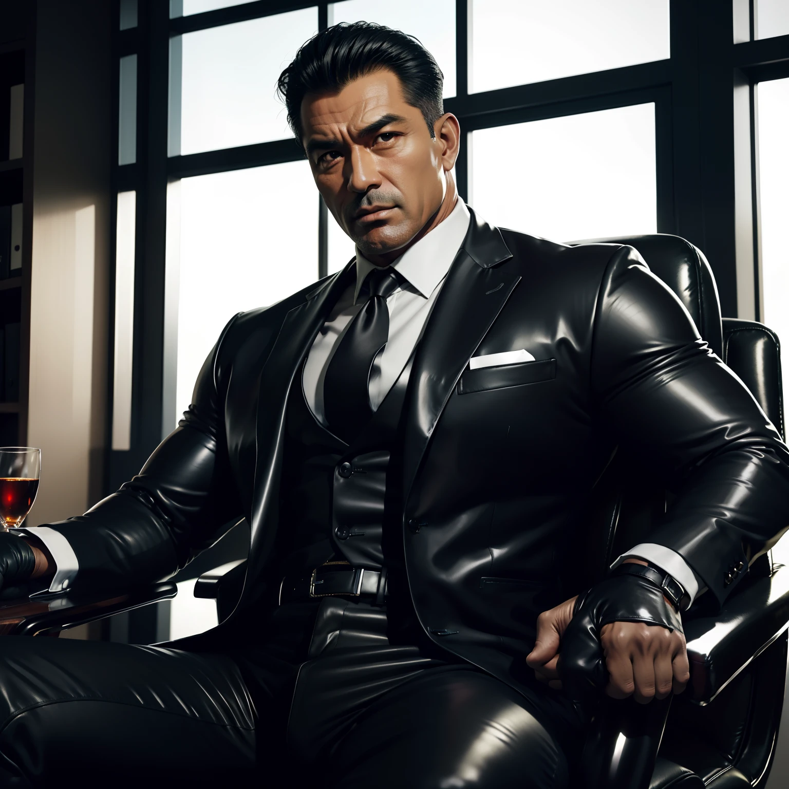 50 ans,papa,costume brillant ,Papa s'est assis sur un fauteuil.,k hd,dans le bureau,gros muscle, gay ,cheveux noirs,Visage de l&#39;Asie,masculin,Homme fort,le patron est,beau,sexe,des gants de cuir,papa lubrique,Regardez droit devant,dad is beau