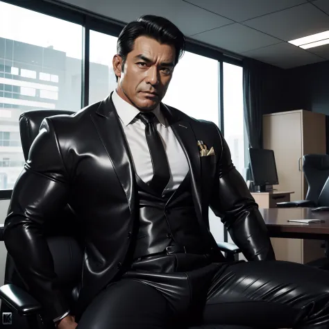 50 years old,daddy,shiny suit ,dad sit down on chair,k hd,in the office,big muscle, gay ,black hair,asia face,masculine,strong m...