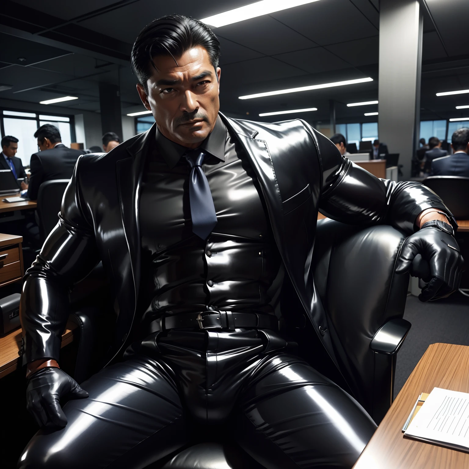 50 ans,papa,costume brillant ,papa s&#39;assoit sur une chaise,k hd,dans le bureau,gros muscle, gay ,cheveux noirs,Visage de l&#39;Asie,masculin,Homme fort,le patron est,beau,sexe,des gants de cuir,papa lubrique,Regardez droit devant,Papa est en érection,dad is beau