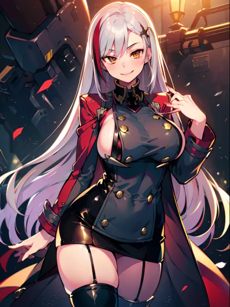 (((Best quality))), 1girl, large breasts, orange eyes, medium hair, military uniform, silver hair with red streaks, thigh-high stockings, garter straps, seductive smile, seductive smirk, hair ornaments, tall, mature, gray uniform, coat, military coat, stra...