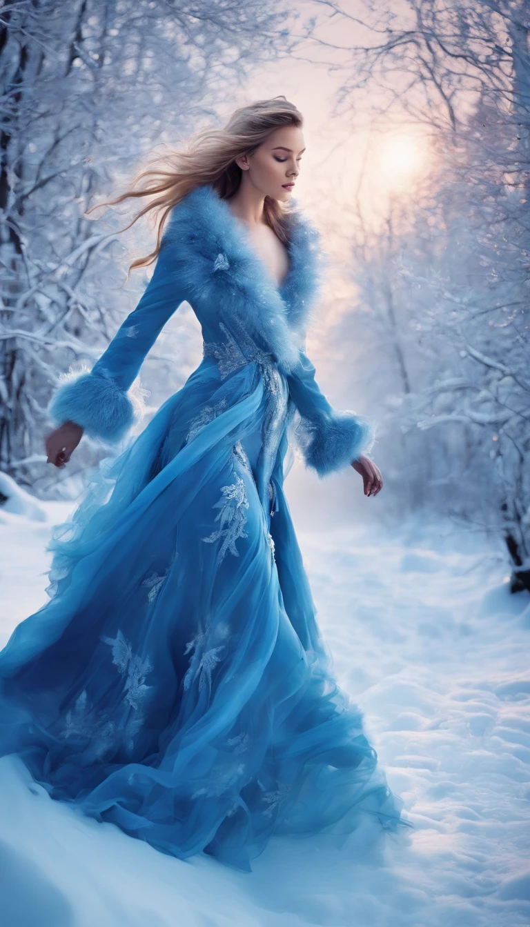 A woman in a blue dress is walking through the snow - SeaArt AI