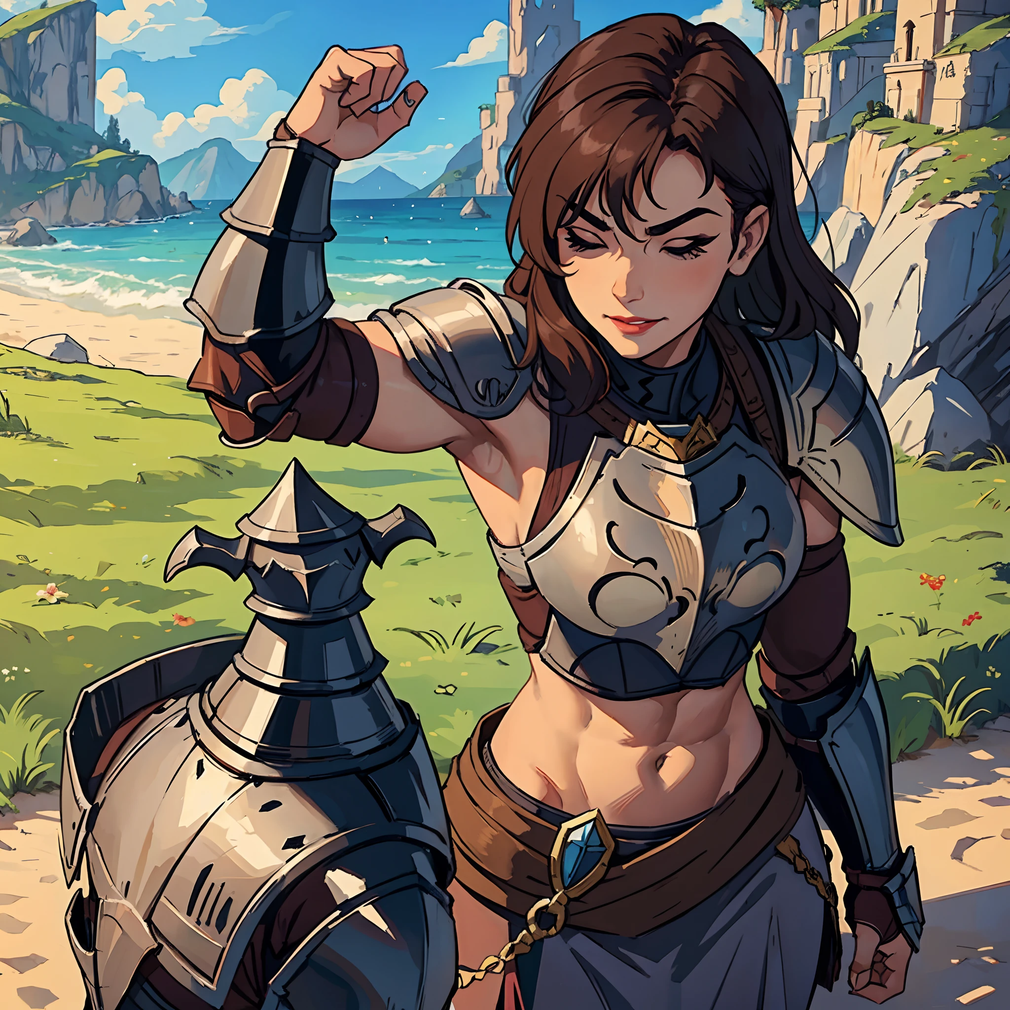 Solo, female, muscular, smirking, hair covering eyes, flexing, biceps, ((chestpiece, armor, knight)), fantady village, tan skin, lipstick, mature female