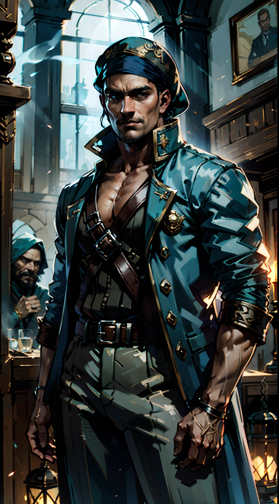 Un homme aux cheveux courts bleu aqua, porter un foulard, un regard intrépide, un sourire enjoué, une attitude confiante, il a des traits du visage distincts, il porte une tenue de pirate fantastique en deux pièces, porte une chemise noire moulante en dessous, un manteau ample bleu ciel dessus, une ceinture avec emblème de visage fantomatique, pantalon ample en tissu, se trouve dans une taverne médiévale fantastique et animée, ce personnage incarne un pirate de style fantastique finement conçu dans le style anime, caractérisé par un style artistique d&#39;illustration manga exquis et mature, Haute définition, meilleure qualité, haute résolution, Ultra-détaillé, Peinture ultra fine, extrêmement délicat, Professionnel, anatomiquement correct, visage symétrique, yeux et visage extrêmement détaillés, yeux de haute qualité, la créativité, Photo brute, UHD, 8k, Lumière naturelle, éclairage cinématographique, chef-d&#39;œuvre:1.5