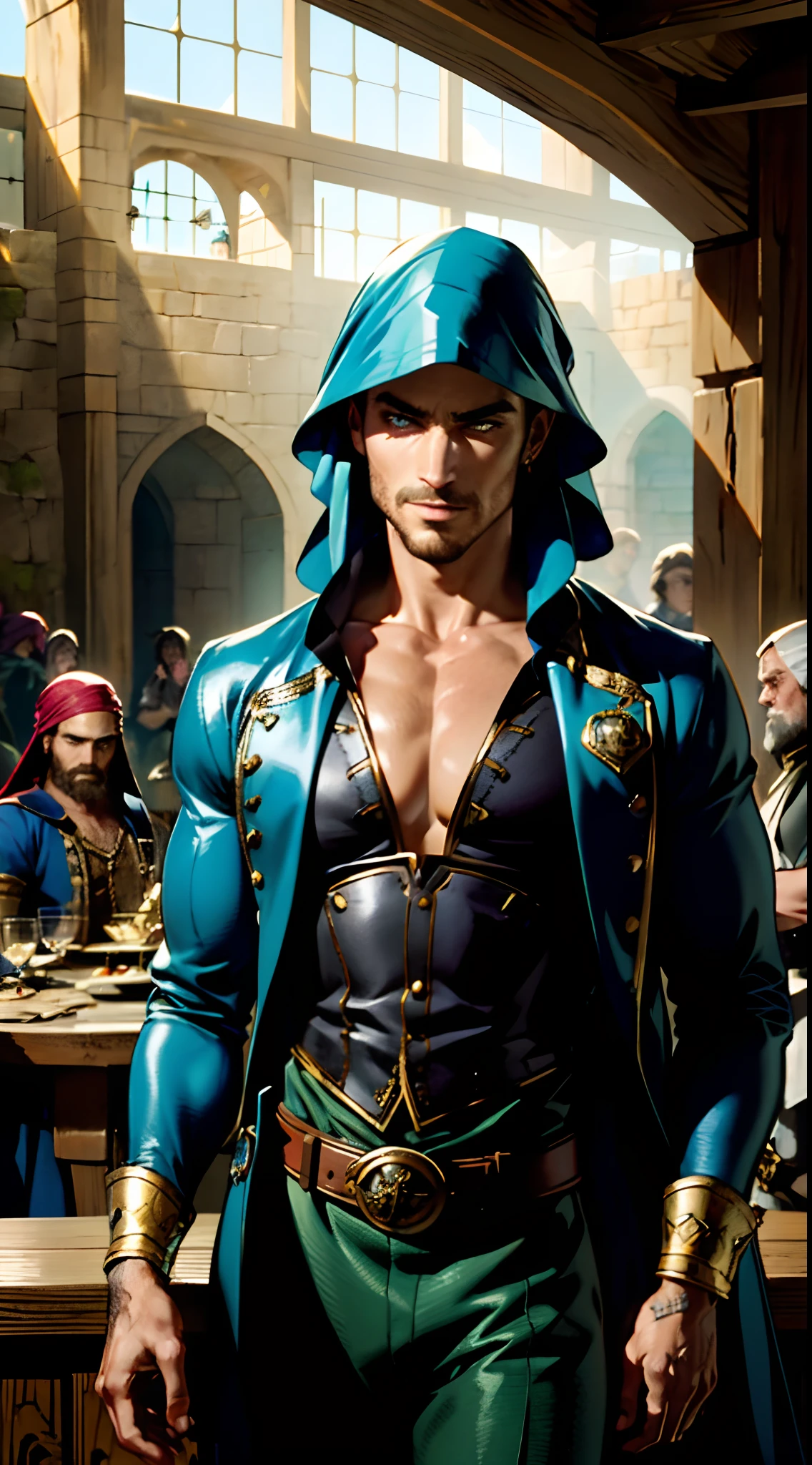 A man with short aqua-blue hair, wearing a headscarf, a fearless gaze, a playful smile, a confident demeanor, he has distinct facial features, he wears a two-piece fantasy pirate outfit, wears a black tight-fitting shirt underneath, a loose sky-blue coat over it, a ghostly face emblem belt, loose fabric pants, stands within a bustling fantasy medieval tavern, this character embodies a finely crafted fantasy-style pirate in anime style, characterized by an exquisite and mature manga illustration art style, high definition, best quality, highres, ultra-detailed, ultra-fine painting, extremely delicate, professional, anatomically correct, symmetrical face, extremely detailed eyes and face, high quality eyes, creativity, RAW photo, UHD, 8k, Natural light, cinematic lighting, masterpiece:1.5