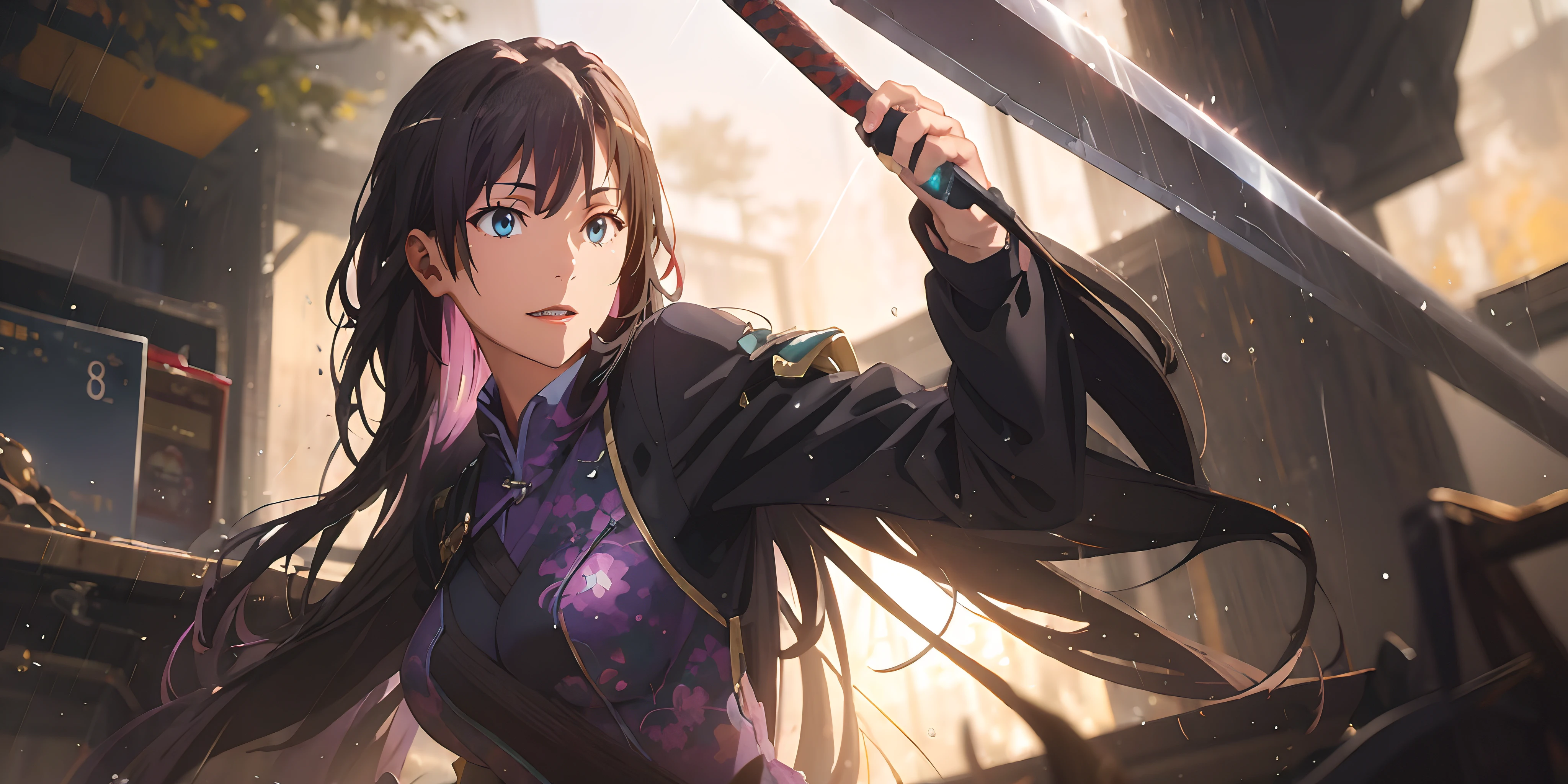 (long hair, black hair:1.7), blue eyes, glowing eyes, 1girl, weapon, sword, breasts, chinese_clothes, holding, torn_clothes, solo, holding_sword, holding_weapon, armor, large_breasts, china_dress, breastplate, light_particles, long_sleeves, rain, looking_at_viewer, glow effects, godrays, Hand drawn, render, 8k, octane render, cinema 4d, blender, dark, atmospheric 4k ultra detailed, cinematic, Sharp focus, big depth of field, Masterpiece, colors, 3d octane render, 4k, concept art, trending on artstation, hyperrealistic, Vivid colors, extremely detailed CG unity 8k wallpaper, trending on CGSociety, Intricate, High Detail, dramatic