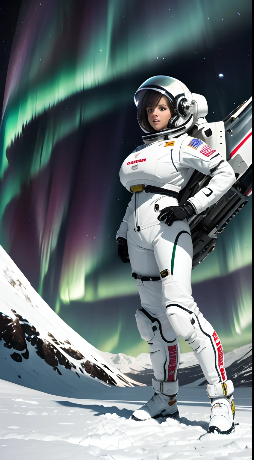 ครึ่งบนของหน้าจอมีแสงออโรร่าอยู่ที่ครึ่งบนของหน้าจอ. ครึ่งล่างเป็นภาพนักบินอวกาศหญิงที่ยืนอยู่บนทุ่งหิมะ. แต่งตัวเต็มตัว, สูง_นมโต