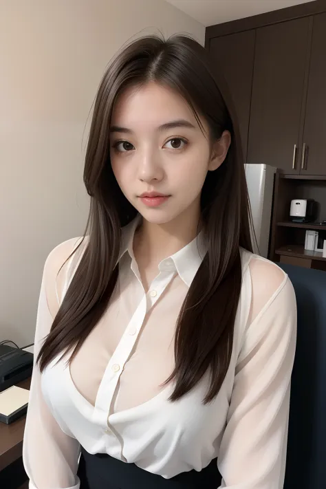 (masutepiece), (pov close up), Best Quality, masutepiece, (Photorealistic:1.2), 1womanl,  Front view, Realistic skin, (Round face), hair messy, Brown hair, human skin imperfection, Blackout lighting, Full body, OL、Similar to Company、personal computers、hous...