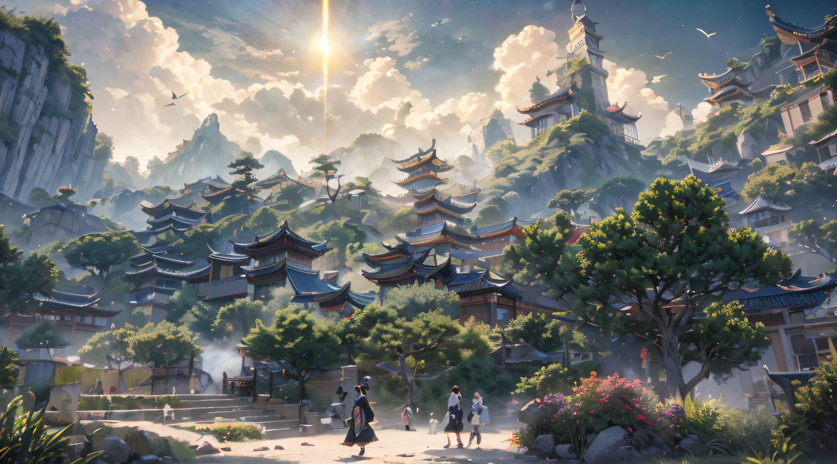 8K quality,1 girl，Backstreets，Side 32K，exteriors，roof，People are small（tmasterpiece，k hd，hyper HD，32K）Long flowing black hair，Tang Dynasty complex，zydink， a color，废墟（canyons）， （Linen batik scarf）， Combat posture， looking at the ground， Linen bandana， Chinese python pattern long-sleeved garment， 废墟（Abstract gouache splash：1.2）， Dark clouds lightning background，Flour flies（realisticlying：1.4），Black color hair，The dust is blowing，Background fog， A high resolution， the detail， RAW photogr， Sharp Re， Nikon D850 Film Stock Photo by Jefferies Lee 4 Kodak Portra 400 Camera F1.6 shots, Rich colors, ultra-realistic vivid textures, Dramatic lighting, Unreal Engine Art Station Trend, cinestir 800，Flowing bright yellow hair,（（（National style building）））Full-body side