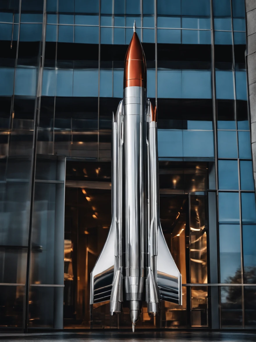 A close up of a model of a space shuttle in front of a building 