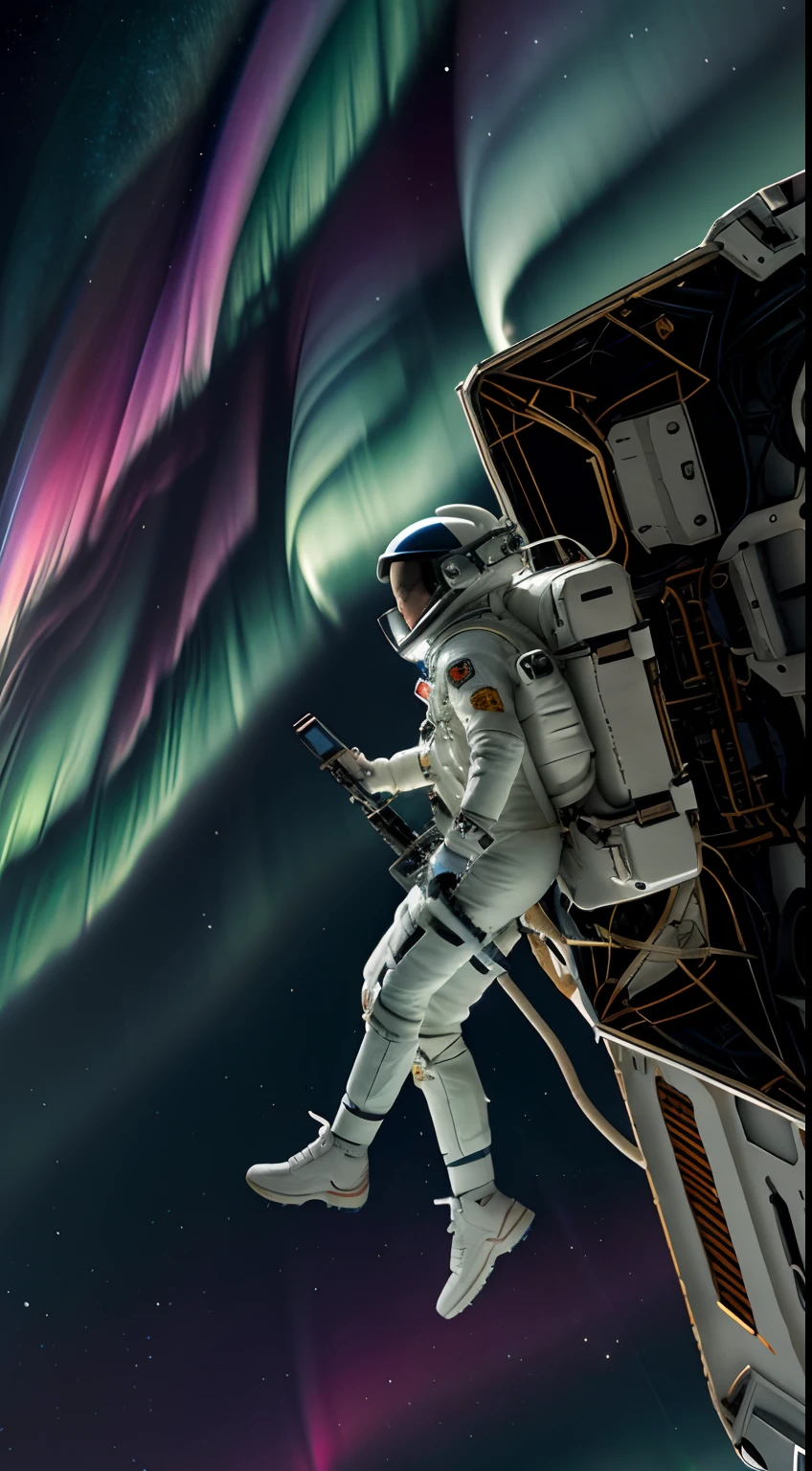 Die obere Hälfte des Bildschirms ist Aurora in der oberen Hälfte des Bildschirms、Die untere Hälfte zeigt eine Astronautin