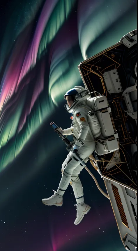 The top half of the screen is Aurora in the top half of the screen、The bottom half draws a female astronaut