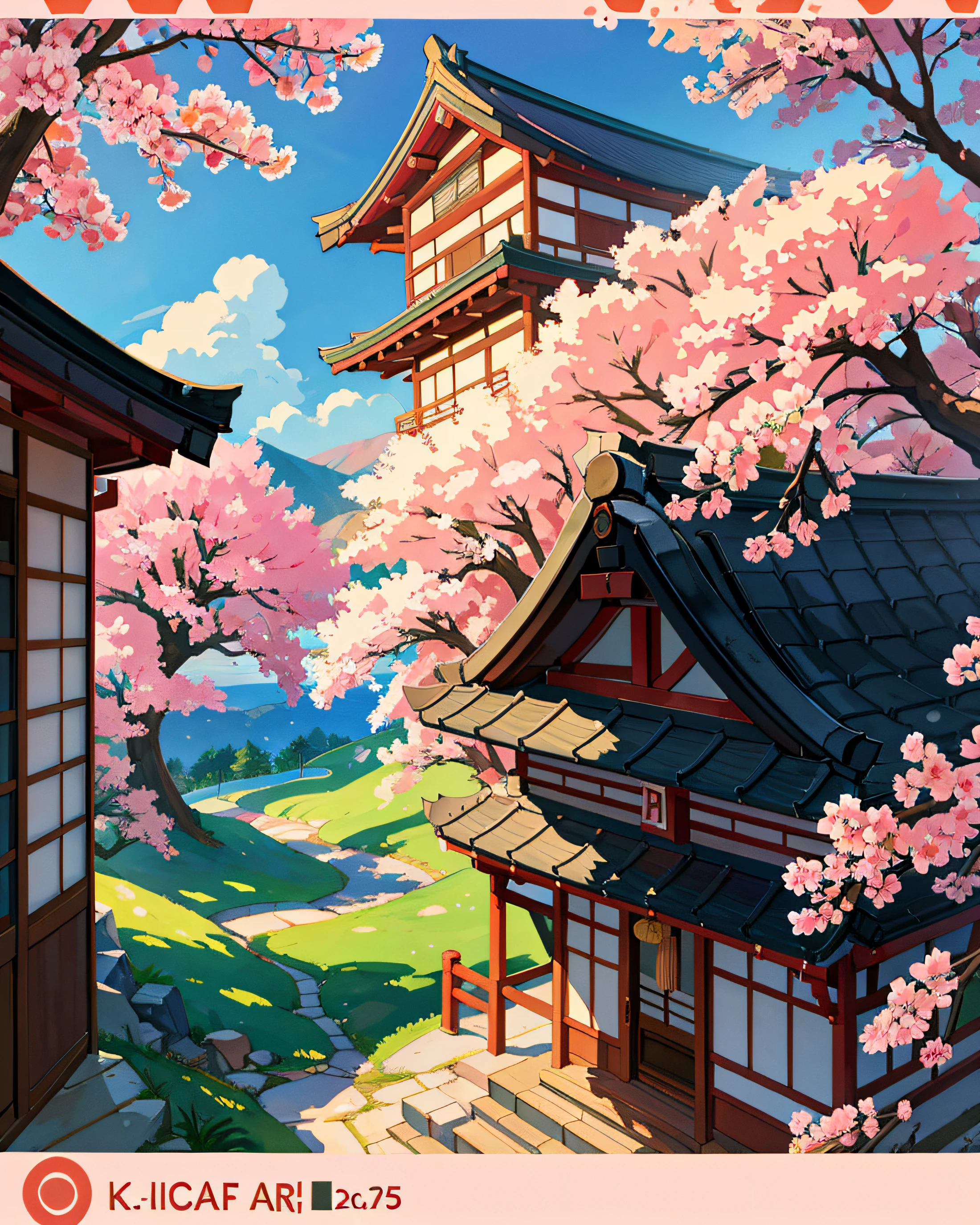 Masterpiece, view from the road, Japanese buildings, with sakura trees, red colors, Japanese vibes, in morning sunshine, profesional art, art concept, landscape, on a quiet morning , (wallpaper unified 8k), best view, HD quality, detailed, perfect view.