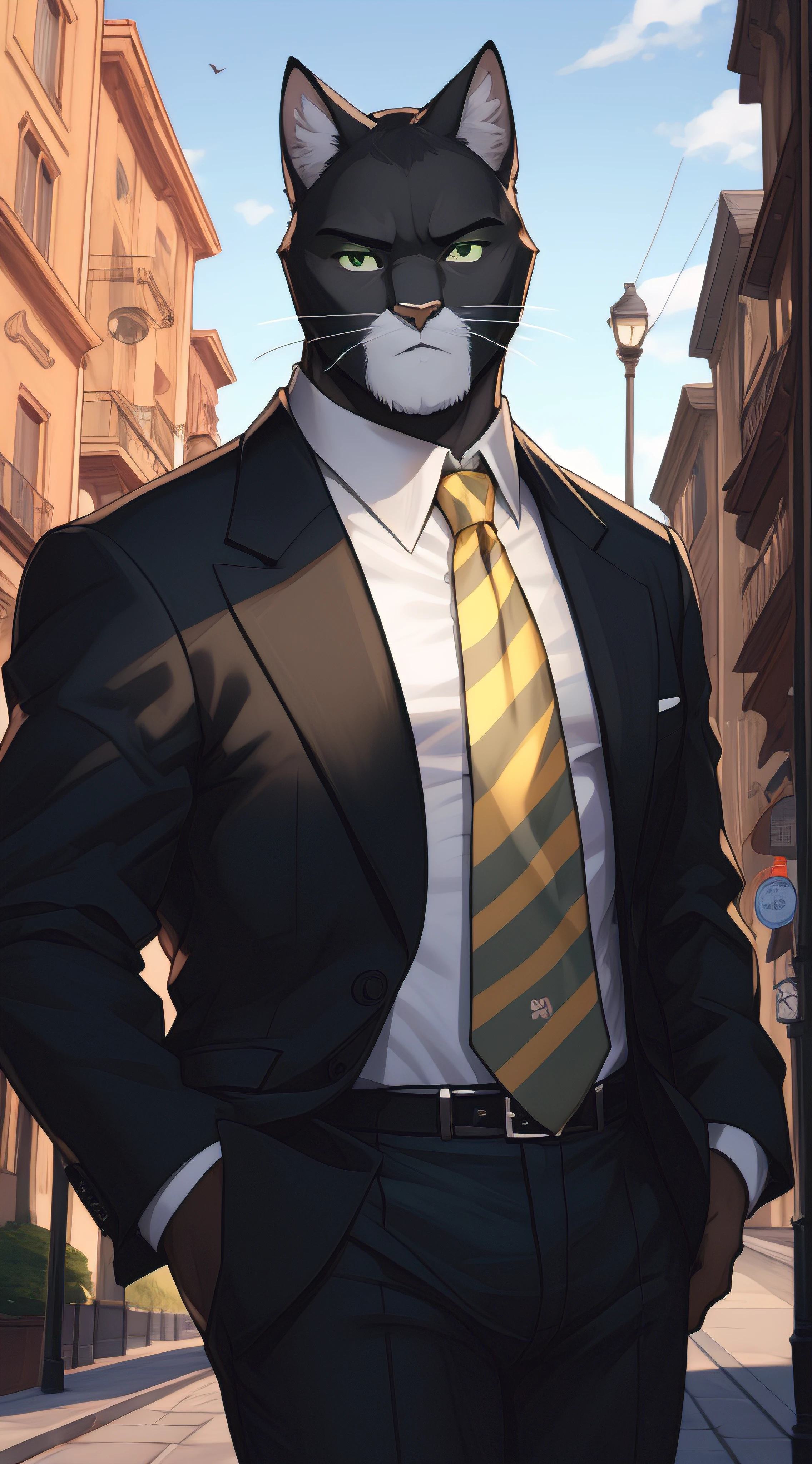 blacksad, black eyes, green sclera, solo, (posing:1.3), (soft shading), 4k, hi res, five fingers, detailed hands, ((detailed face, (detailed eyes:1.0), detailed)), by zackarry911, by zaush, (by personalami:0.5), solo, looking at viewer, shirt, 1boy, holding, jacket, white shirt, upper body, male focus, necktie, collared shirt, formal, suit, meme, yellow necktie