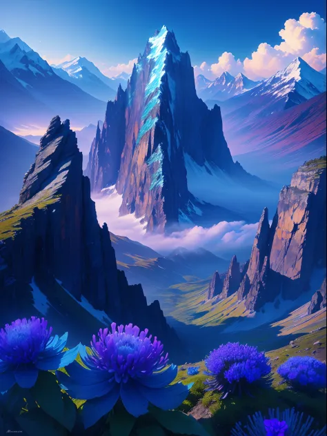 (Masterpiece), (beste-Qualit), (Mountain in the background), mist,  (Blue & Turquoise), (Flower glade, purple flowers)