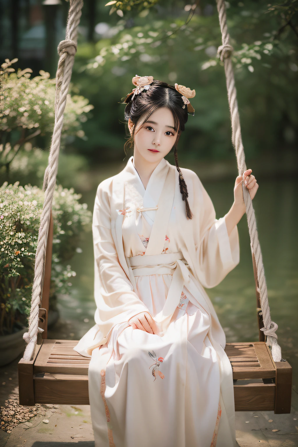 1girll，Hanfu，Hairpins，sitting on a swing，Chinese garden，chinese traditional architecture，Blurred background，A swing with two ropes suspended，4K8K，k hd，film effect