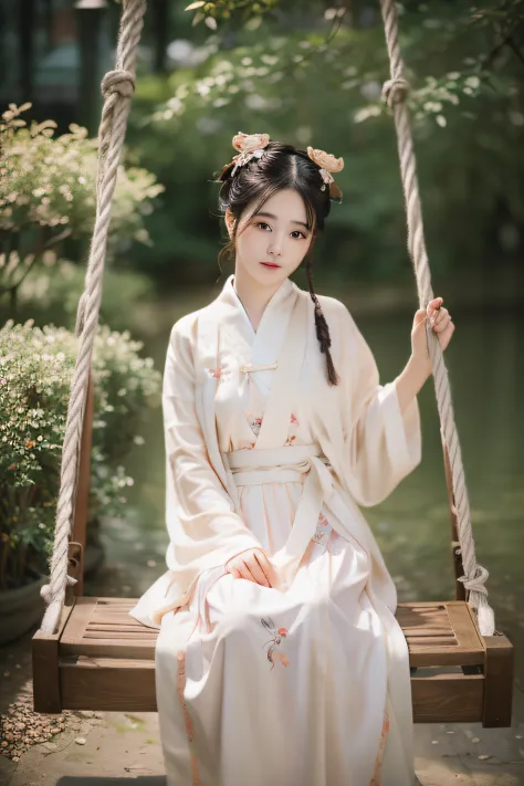 1girll，hanfu，hairpins，sitting on a swing，chinese garden，chinese traditional architecture，blurred background，a swing with two rop...