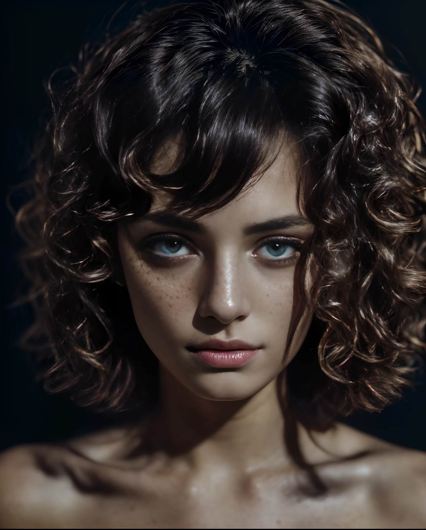 (8k, RAW photo, highest quality), beautiful girl, close up, topless, (detailed eyes:1.2, (looking at the camera:1.4), (highest quality), (best shadow), intricate details, interior, platine hair:1.3, dark studio, muted colors, freckle