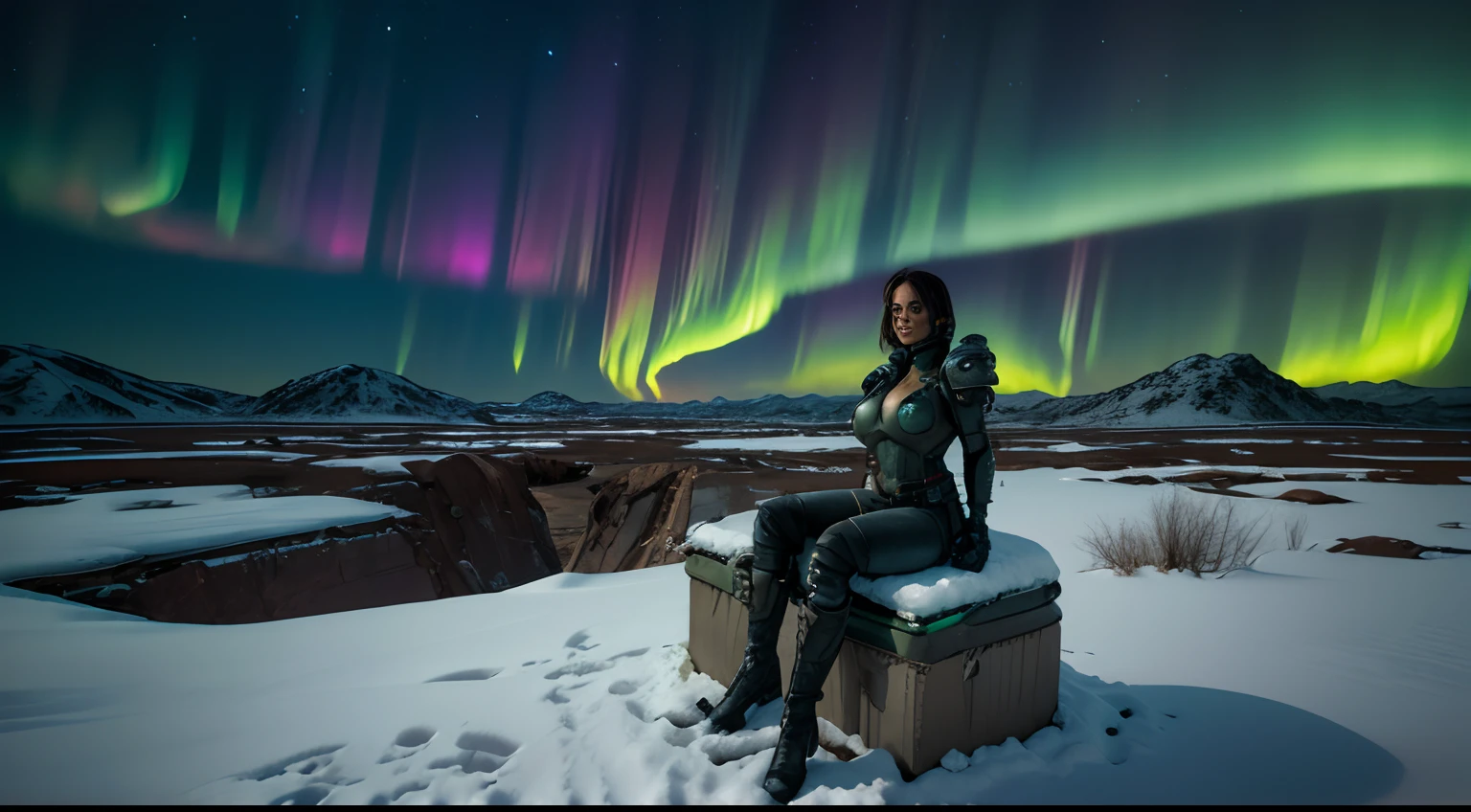 Crie uma cena representando um mundo pós-apocalíptico desolado, com ruínas impressionantes, plantas mutantes e um horizonte iluminado por uma aurora alienígena, que captura a essência das icônicas paisagens de fantasia de Michael Whelan, astronauta feminina sentada no campo de neve ,alto_peituda