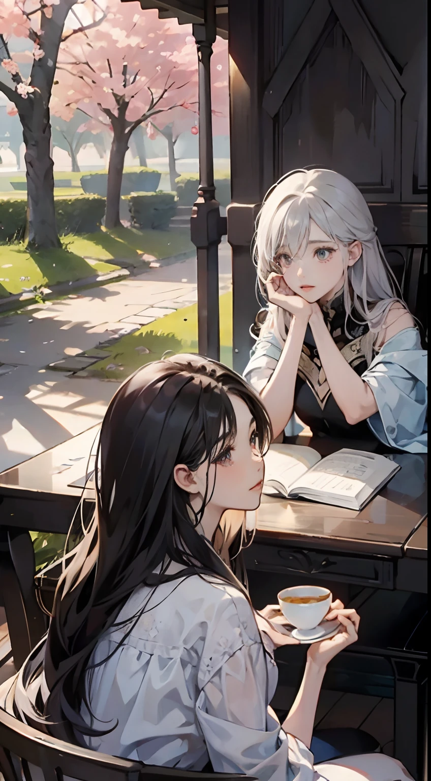 Two women sitting at a table in the grounds of the Royal Palace and having tea time、cherry trees、Discourse scene、Peaceful scene、Epic fantasy art、High-quality cinematic portrayal、comic strip、animesque、Novelization novel illustration、Delicately expresses smooth skin texture down to the smallest detail、The manifestation of smooth muscle texture、Vibrant depiction、Symmetrical drawings、Woman in black clothes with long black hair、Woman in white clothes with long hair on gray hair、