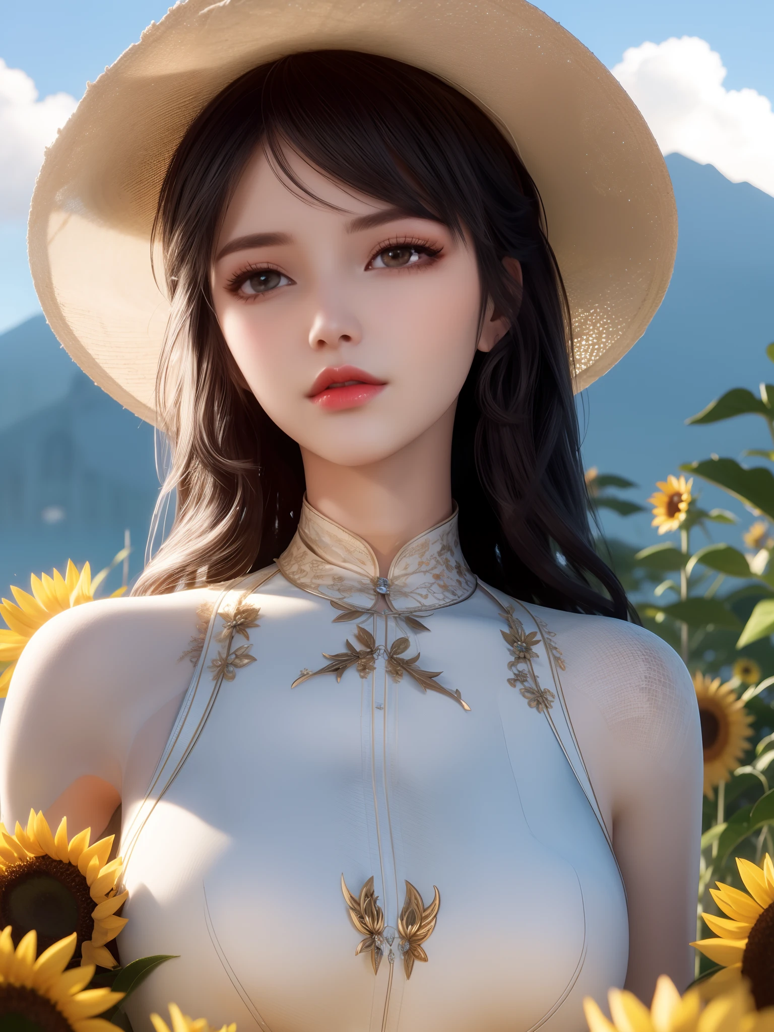 high-quality digital art, happy, red lips, long black hair, wavy long hair, bangs, straight bangs, brown eyes, white skin, red nails, picture-perfect face, flawless, clean, masterpiece, (((sharp))) ((focus)) (instagram) (8k) masterpiece, beautiful dress, delicate tracing, pink accents, digital painting, outside, sunflower field, highly detailed light, cinematic light, high-quality, a digital painting masterpiece, best quality, absurdly high resolution, mountains, windy day, sunflower petals, straw hat, cloudy sky, sun, wind, sunflowers, detailed background, big field, rustic feel, intricate details, glow, shiny hair, black hair, loose hair, lustrous skin, dynamic vibe, windblown hair, one girl,full body, black hair,rabbit ears