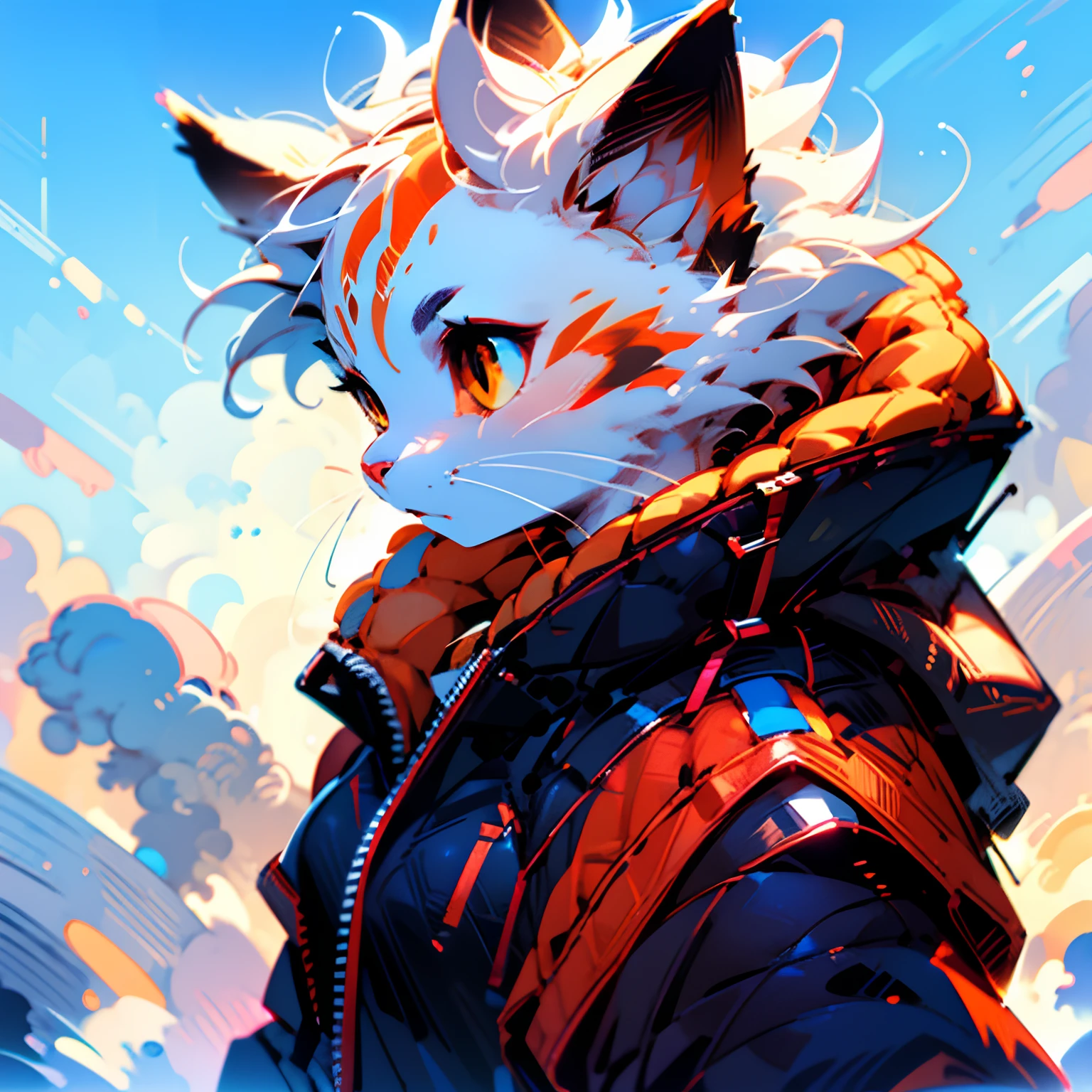 (masterpiece), best quality, expressive eyes, perfect face, furry, female cat girl, b cup breast, orange eyes, orange opened jacket, white body, black sports bra, running, side view