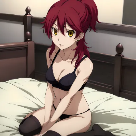 masutepiece,High quality,Solo,
Looking at Viewer,embarassed expression,
Nena Trinity,Long hair,two side up,Red hair,earrings,Yellow eyes、(thigh-high socks)、((Black panties))、((Black bra))、(sexy underwear)、(Sleep on your back in bed)