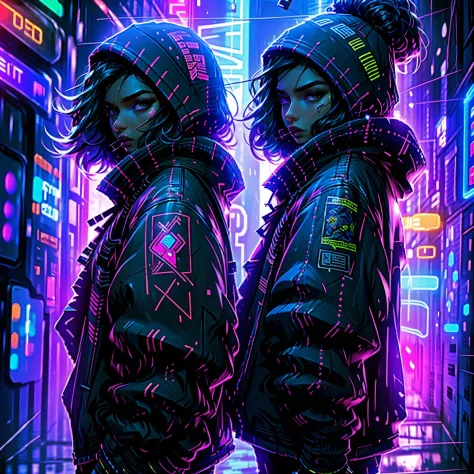 cyberpunkai, neons, two men in their 20s, elf, street fashion, ,microphone , hood up, new york, dynamic pose, k-pop, hip hop