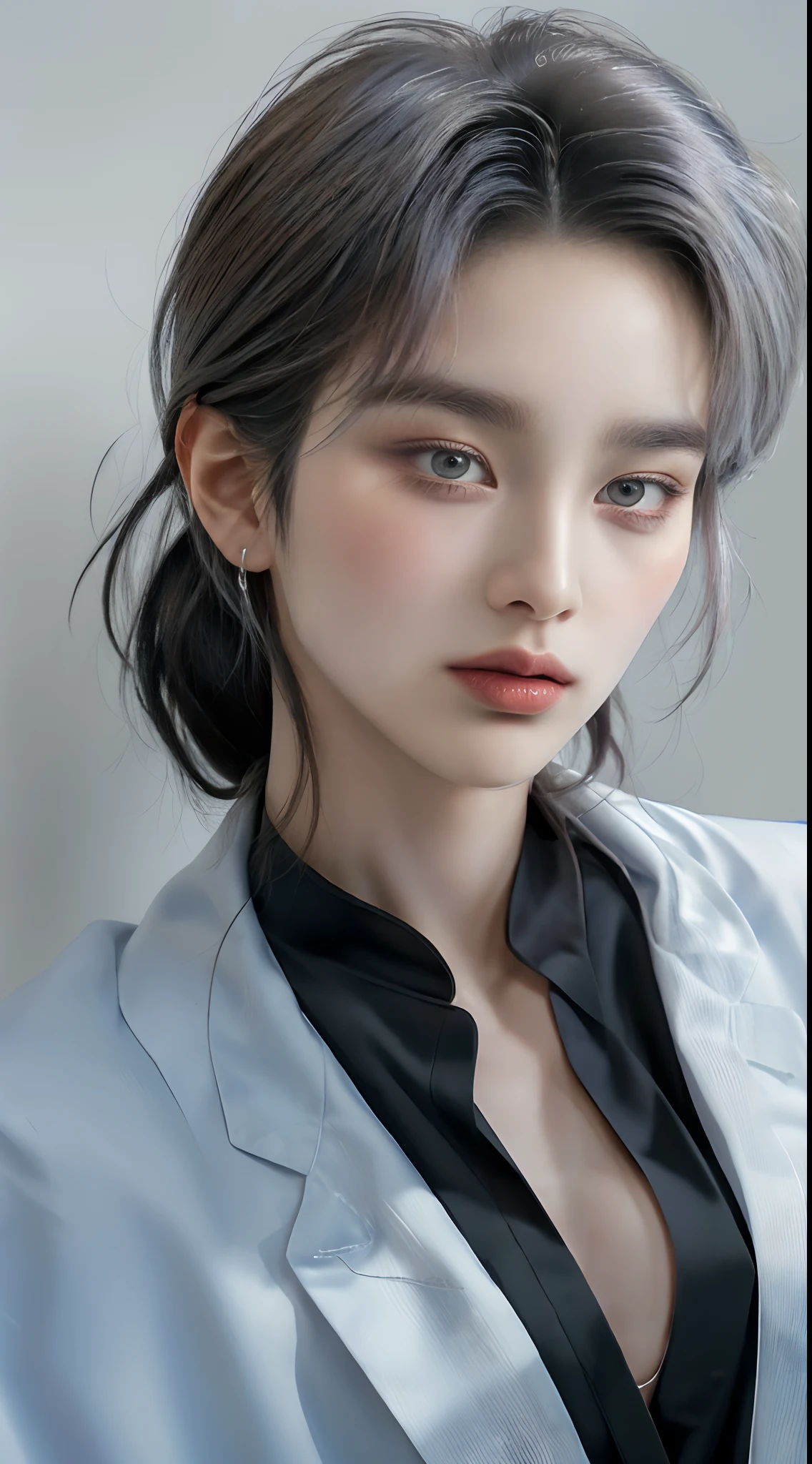 ((4K works))、​masterpiece、（top-quality)、((high-level image quality))、((one beautiful women))、Slim body、((Black Y Shirt Fashion))、(Detailed beautiful eyes)、Black background、((Face similar to Chaewon in Ruseraphim))、((Half-up hairstyle))、((bright silver hair))、((Smaller face))、((Neutral face))、((Light blue eyes))、((Korean Women))、((18year old))、((Wild Lady))、((Glaring at him with a savage look))、((Dark Korean Makeup))、((elongated and sharp eyes))、((Shot alone))、Cool pose