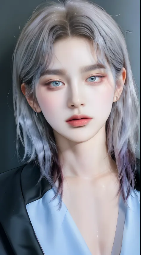 ((4K works))、​masterpiece、（top-quality)、((high-level image quality))、((one beautiful women))、Slim body、((Black Y Shirt Fashion))、(Detailed beautiful eyes)、Black background、((Face similar to Chaewon in Ruseraphim))、((Half Up Hairstyles))、((bright silver hai...
