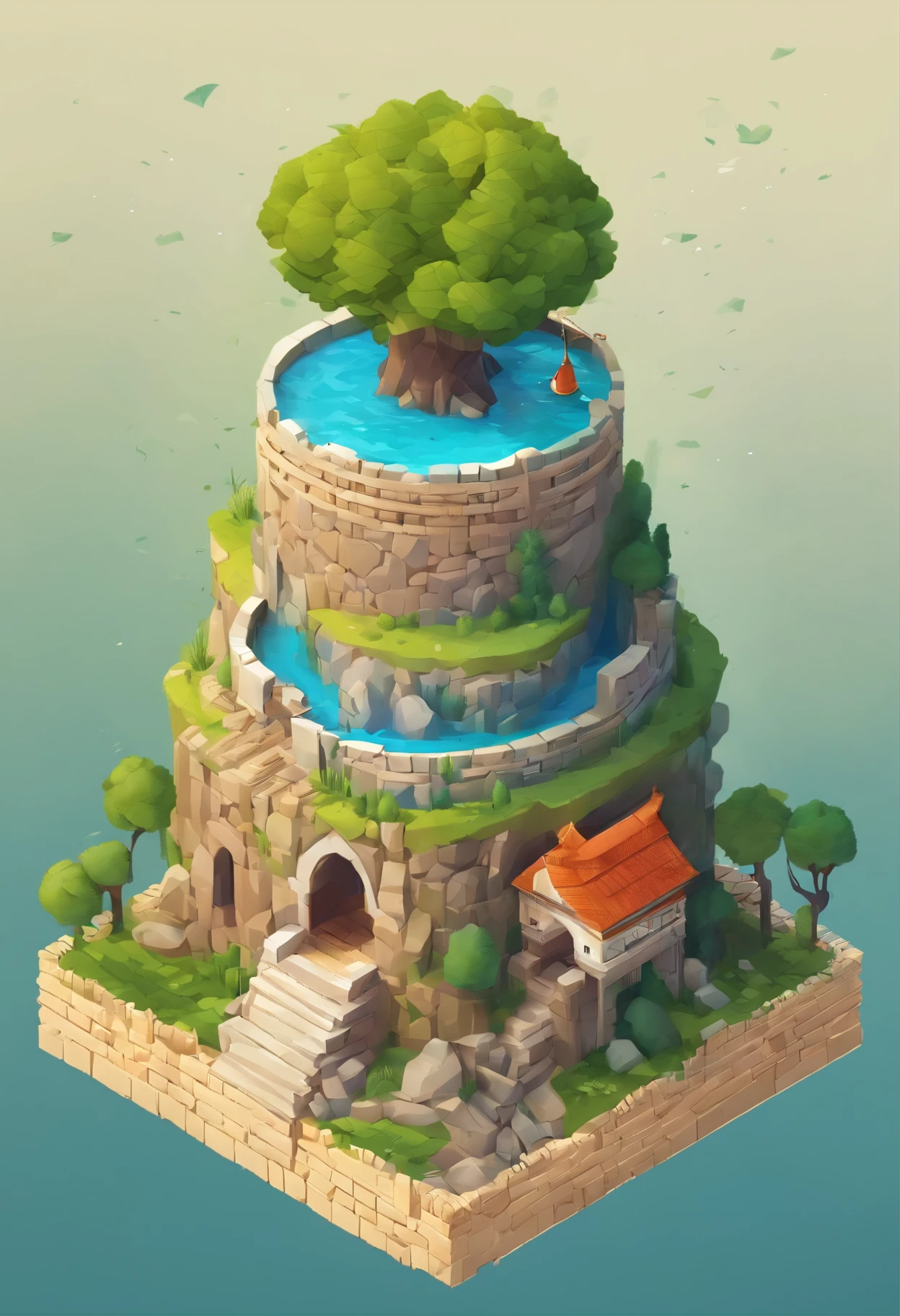 absurderes, best quality, fancy, isometric, estilo knolling de (miniature brick round tower:1.2), tree, Stone Wall, (simple background:1.2)