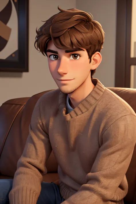Ethan Williams, a young man of 19 years old, with medium-length brown hair, brown eyes, angular jaw, short stubble beard, lean body, cute and handsome, mature look, serious subtle smirk on face, wearing a sweater, close up shot sitting on the couch. 3d car...