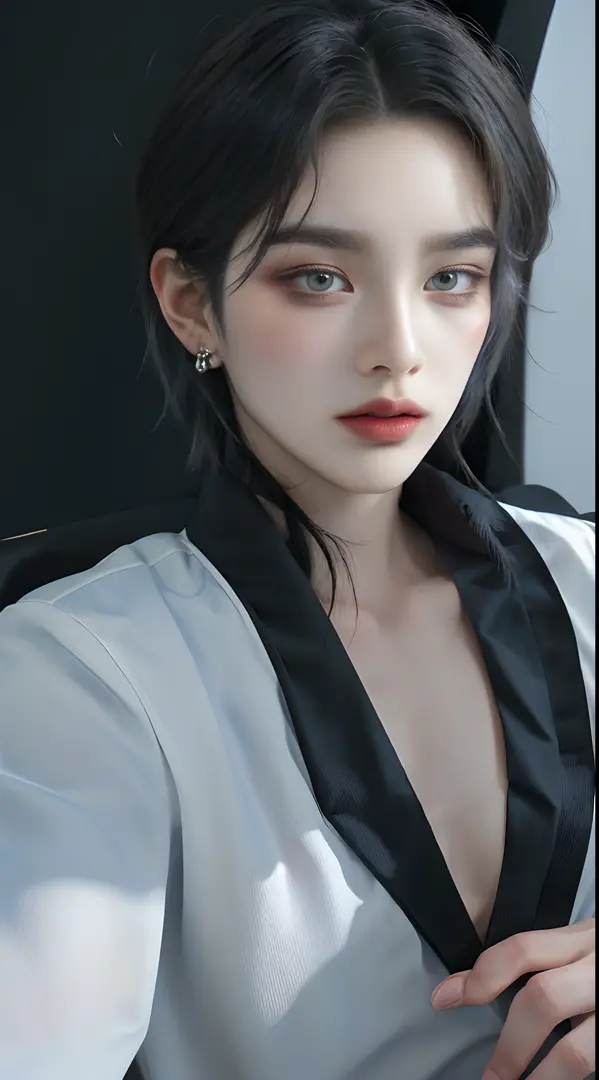 ((4K works))、​masterpiece、（top-quality)、((high-level image quality))、((one beautiful women))、Slim body、((Black Y Shirt Fashion))、(Detailed beautiful eyes)、Black background、((Face similar to Chaewon in Ruseraphim))、((Half-up hairstyle))、((bright silver hair...