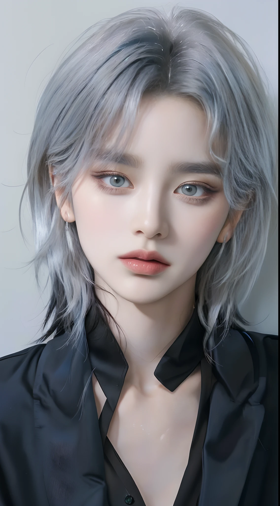 ((4K works))、​masterpiece、（top-quality)、((high-level image quality))、((one beautiful women))、Slim body、((Black Y Shirt Fashion))、(Detailed beautiful eyes)、Black background、((Face similar to Chaewon in Ruseraphim))、((Half Up Hairstyles))、((bright silver hair))、((Smaller face))、((Neutral face))、((Light blue eyes))、((Korean Women))、((18year old))、((Wild Lady))、((Glaring at him with a savage look))、((Korean makeup with black eyeshadow))、((elongated and sharp eyes))、((Shot alone))、