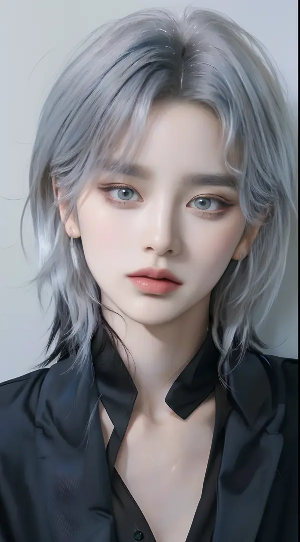 ((4K works))、​masterpiece、（top-quality)、((high-level image quality))、((one beautiful women))、Slim body、((Black Y Shirt Fashion))、(Detailed beautiful eyes)、Black background、((Face similar to Chaewon in Ruseraphim))、((Half Up Hairstyles))、((bright silver hai...