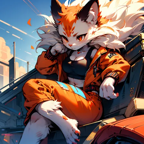 (Masterpiece), Best Quality, expressive eyes, perfect faces, furs, Female Cat Girl, B Cup Breasts, Orange Eyes, Orange Open Jacket, white body, Black sports bra, Lateral perspective, Sitting, 4fingers , 4toes