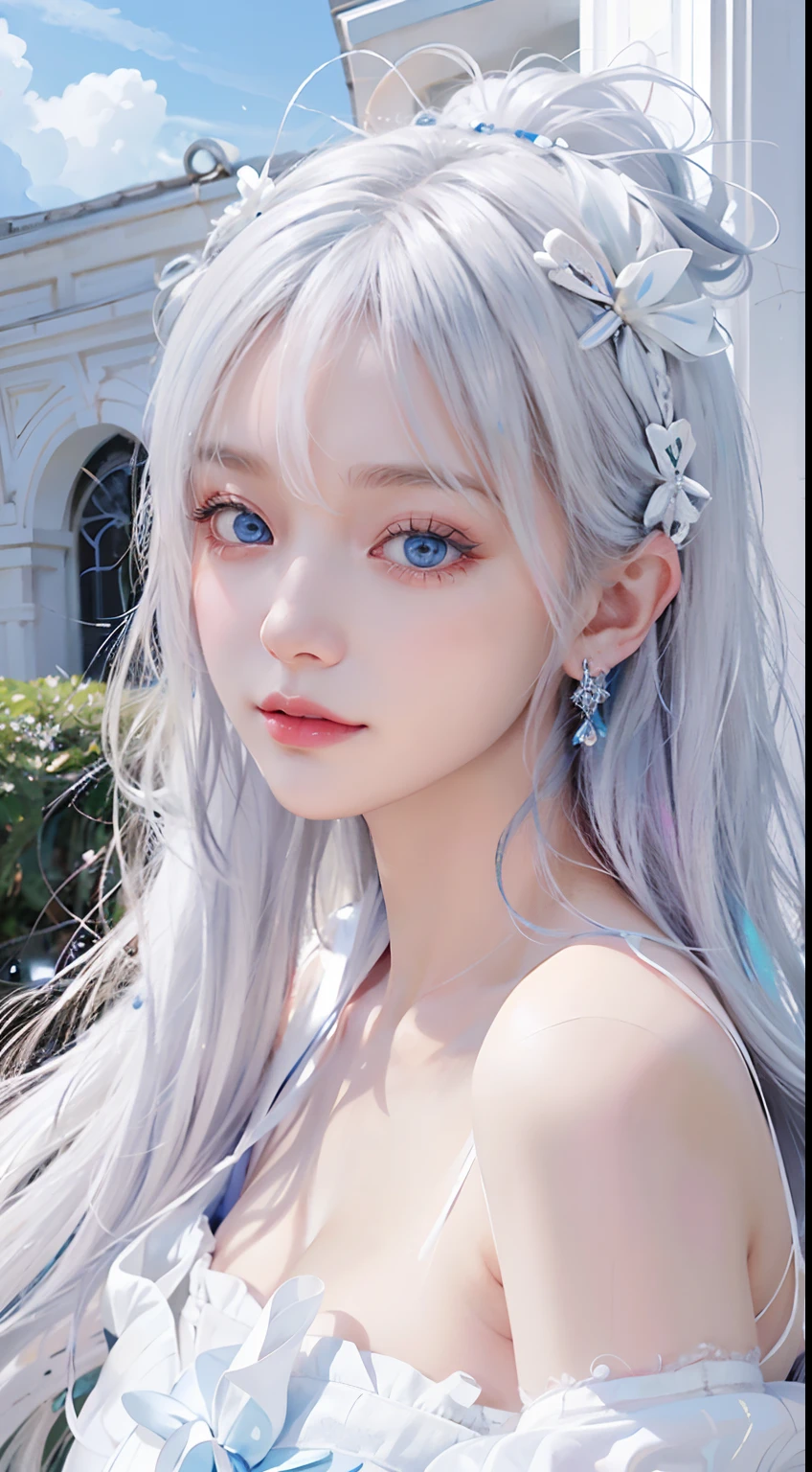 With white hair and blue eyes、Transcendent Beautiful Girl、It's like a fantastic existence。Its white hair swayed in the wind、Blue eyes shine like a clear sky。Her skin is pure white、Detailed features beautifully color your facial features.。Her beauty is、Looks great against any background、Its presence will fascinate everyone.。