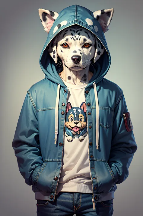 C4tt4stic,Wearing denim、Cartoon Dalmatian dog in a hoodie（Details of the appearance of Dalmatians）