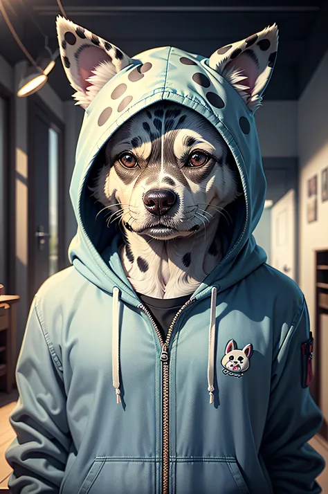 C4tt4stic,Wearing denim、Cartoon Dalmatian dog in a hoodie（Details of the appearance of Dalmatians）