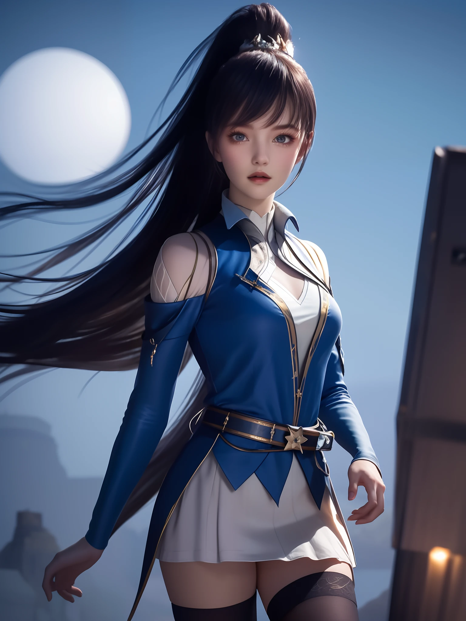 1girl, long hair, dress,hair ornament, looking at viewer, mature female, cityscape, night, thighhighs, clothing cutout, bangs, high collar,white skirt,ponytail, cowboy shot, long sleeves, belt,blue eyes,makeup, blush,a beautiful girl covered in crumpled paper with the text \"MX\",outer space,dry rocks environment,interstellar,Surrealism,Dreamy dim daylight. Minimalism,emptiness,spaciousness,Faint accent lights,film grain,horror photography,misty and foggy atmosphere,